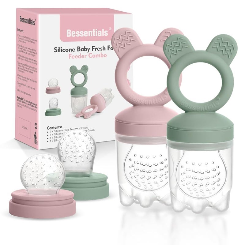 BESSENTIALS Bunny Baby Fresh Fruit Food Feeder - 2 Pack Silicone Mesh Feeders for Infant Safe Self Feeding |3 Sizes Food Pouches Included| Suitable for Baby 4m+ (Light Pink & Grass Green) - Image 1